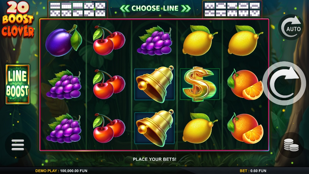 The main 5x3 game grid of the 20 Boost Clover slot, showing a variety of fruit symbols and the Line Boost button.