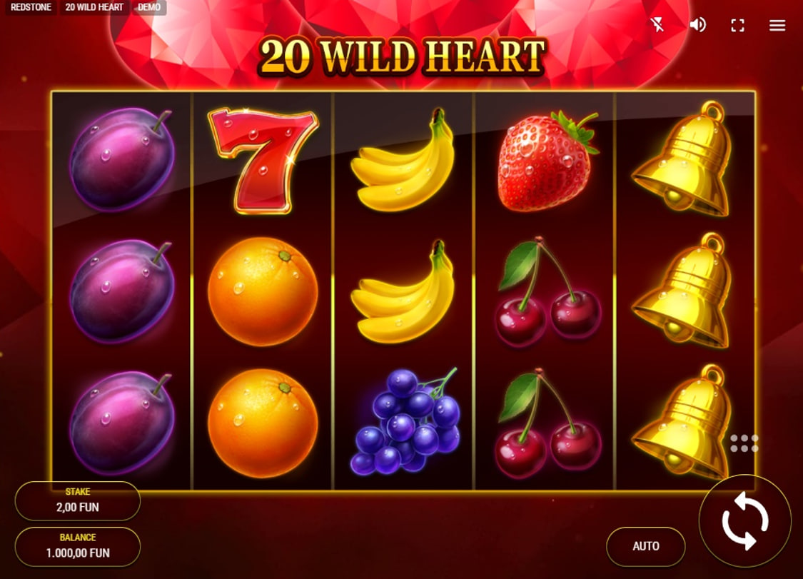 The main 5x3 game grid of the 20 Wild Heart slot, displaying a variety of classic fruit symbols and the player interface.

