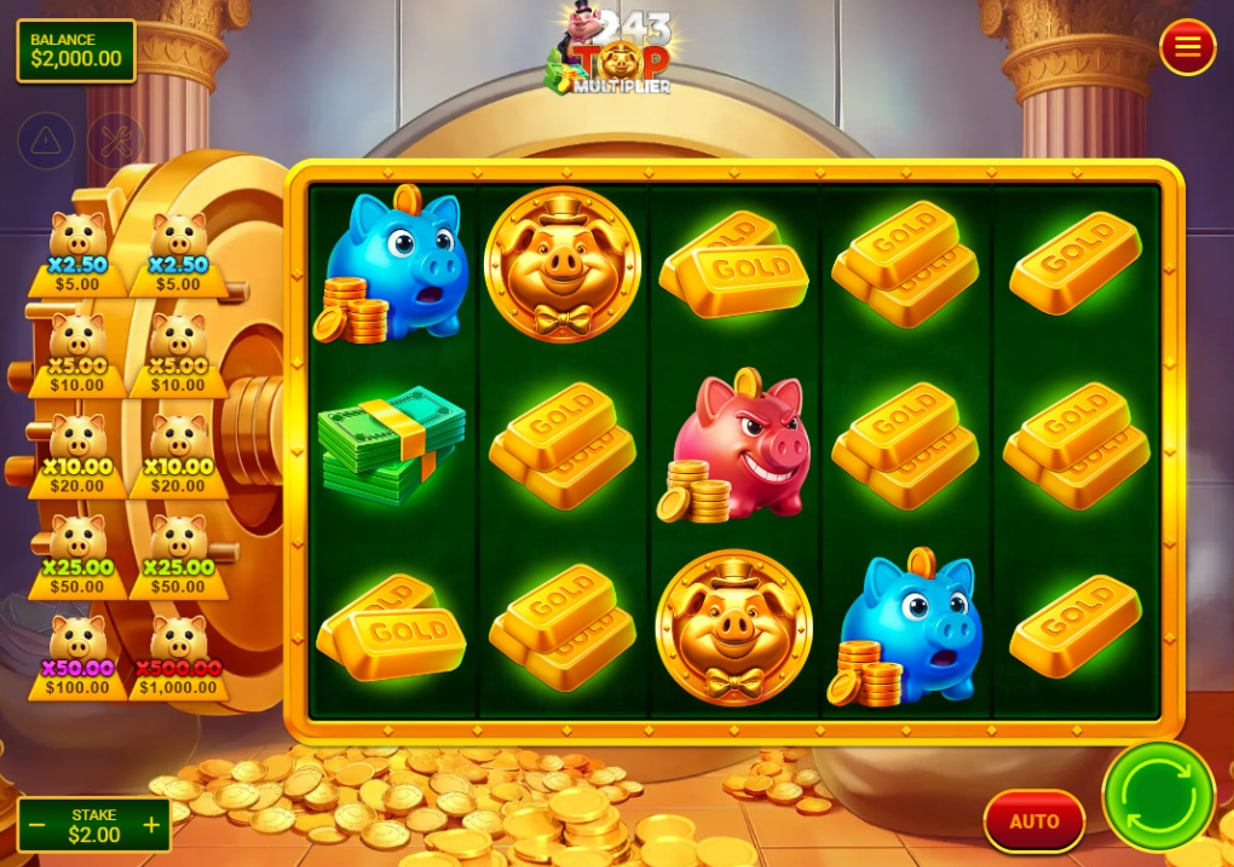 The main 5x3 game screen of the 243 Top Multiplier slot, showing the reels set inside a golden bank vault.