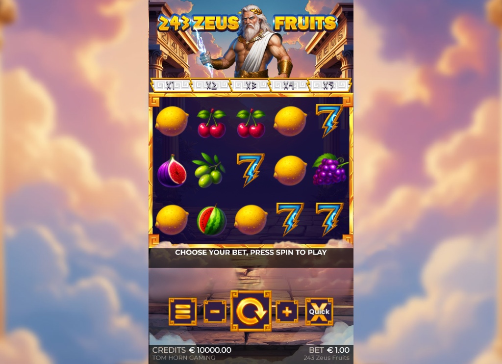 The base game grid of the 243 Zeus Fruits slot, showing the 5x3 reel layout against the Mount Olympus backdrop.