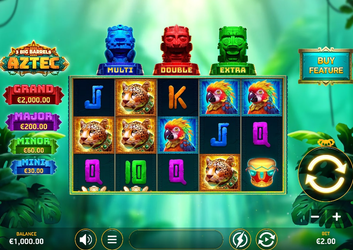 The main 5x3 game grid of the 3 Big Barrels Aztec slot, showing the jungle setting and jackpot values on the left.