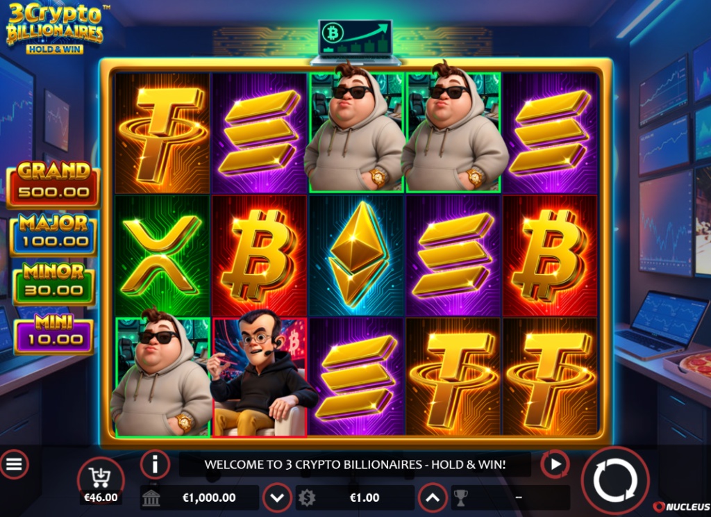 The 5x3 base game reel layout of the 3 Crypto Billionaires slot, showing the 20 paylines and crypto-themed symbols.