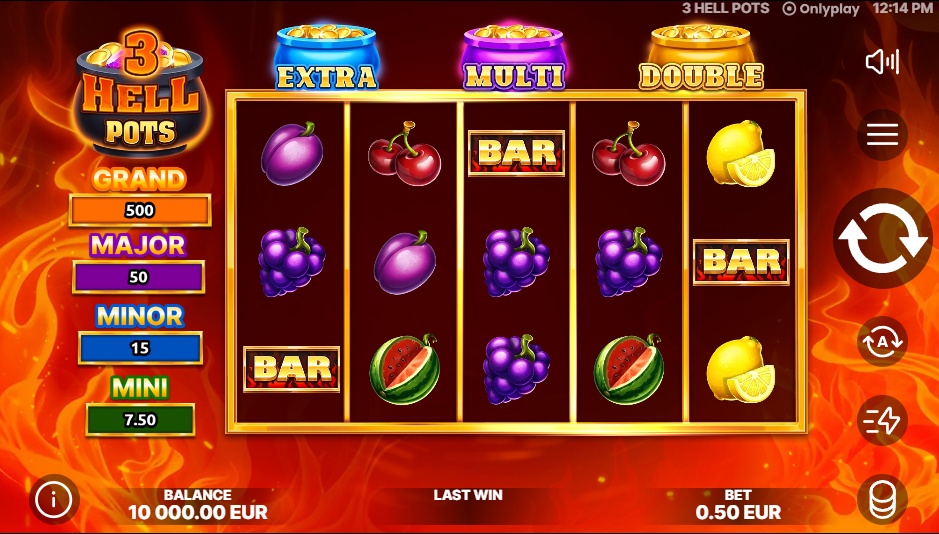 The main 5x3 game grid of the 3 Hell Pots slot, displaying classic fruit symbols and the three bonus pots above.