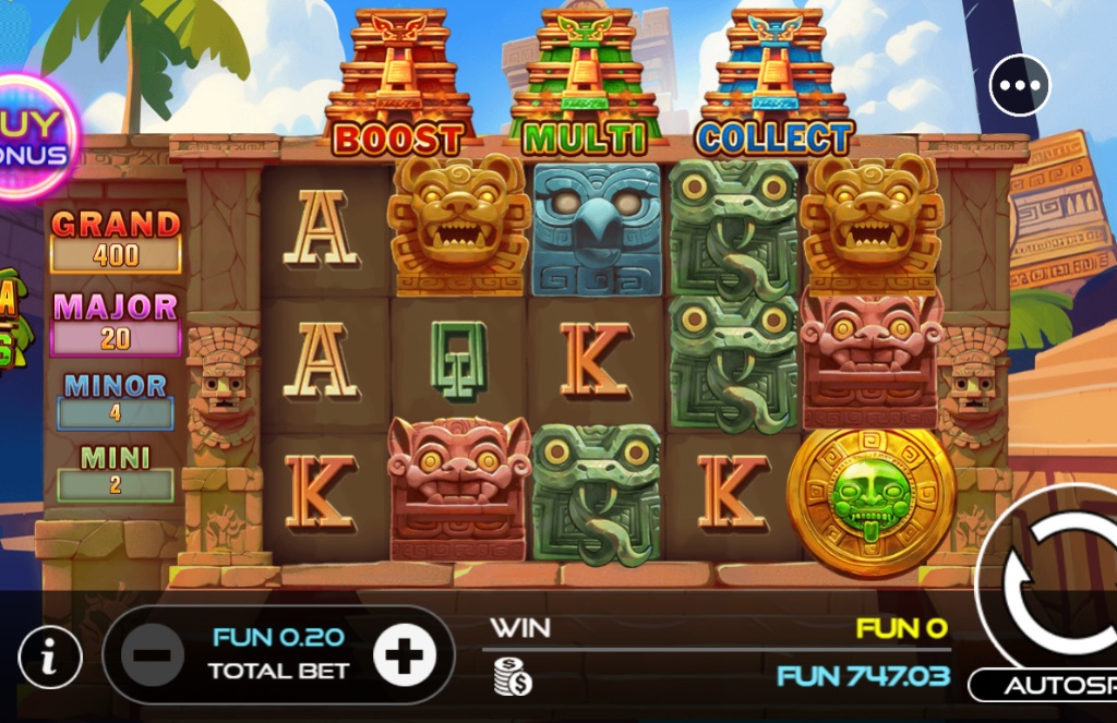 Base game screen of the 3 Montezuma Temples slot showing the 5x3 grid, Aztec symbols, and the three temple meters above the reels.