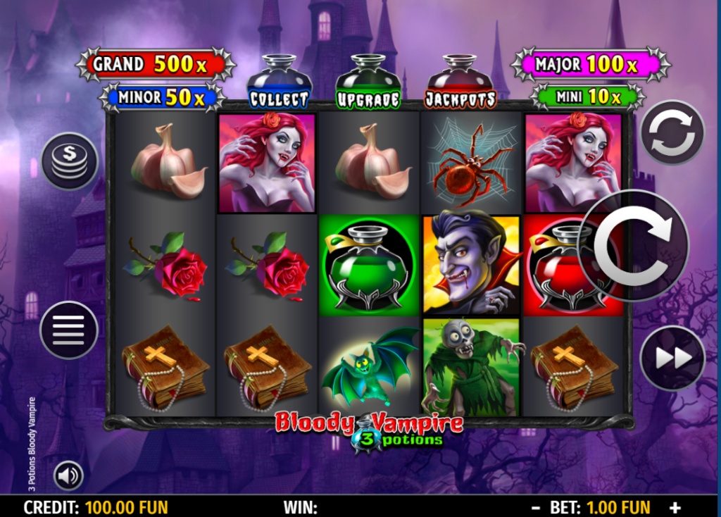 The 5x3 reel layout of the 3 Potions Bloody Vampire slot, showing the main characters and the top feature row.