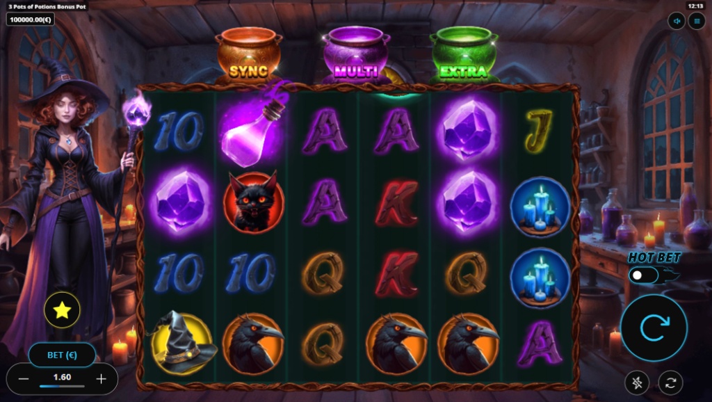 The 6x4 reel layout of the 3 Pots of Potions slot, showing the main game symbols and the witch character in her lab.