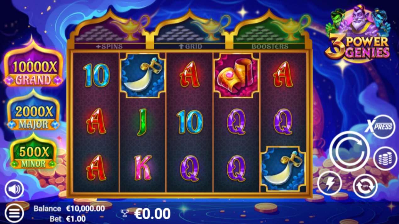 The 5x3 main game grid of the 3 Power Genies slot, showing the three jackpots on the left.