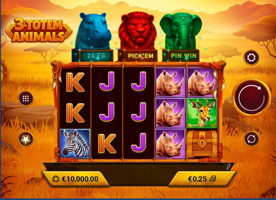 The 5x3 reel layout of the 3 Totem Animals slot, showcasing the African safari theme and high-paying animal symbols.
