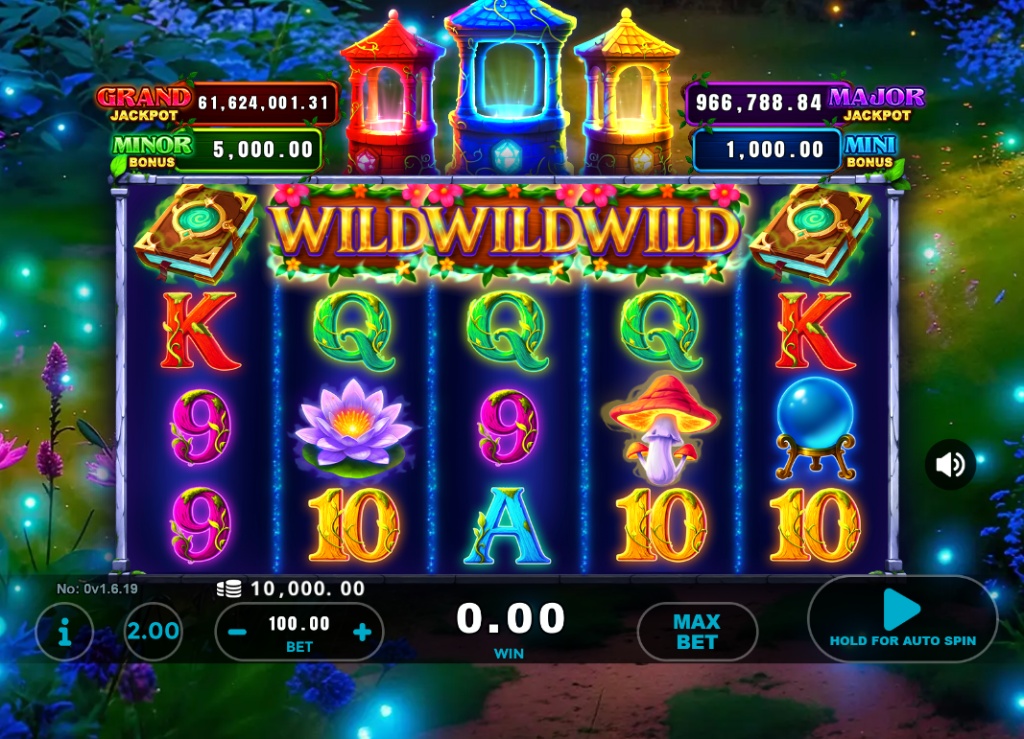 The 5x4 reel layout of the 3 Wishing Wells slot, showing the enchanted forest background and high-value symbols.