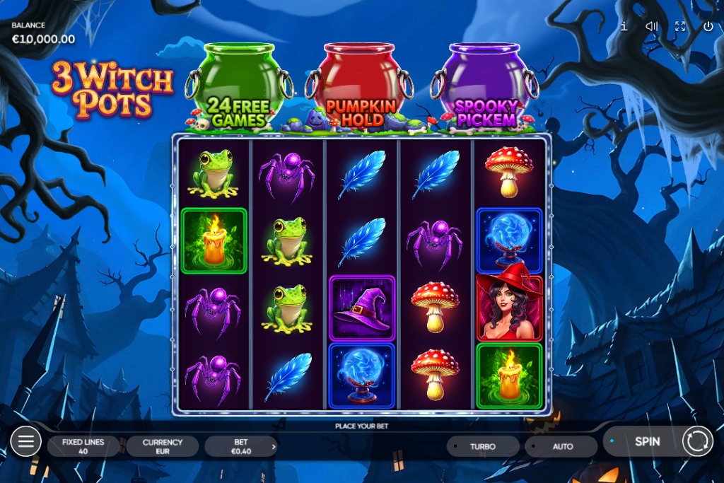 3 Witch Pots slot base game screenshot showing the 5x3 reels and the three bonus pots above.