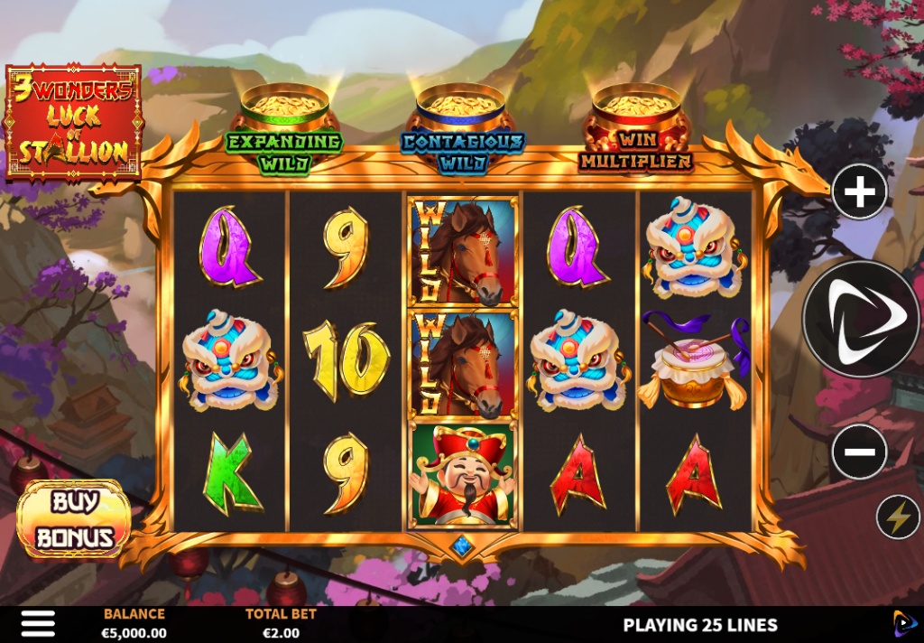 The 5x3 reel layout of the 3 Wonders Luck of Stallion slot, showing the Asian-themed symbols and the three 'Wonder' pots above.