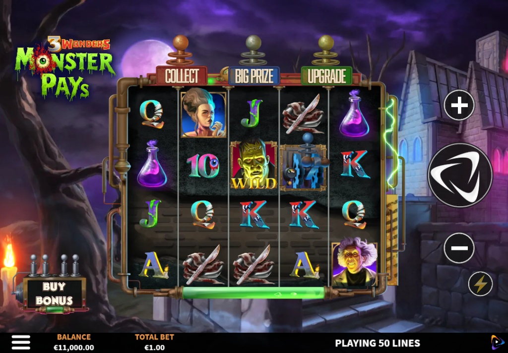 The 5x3 game grid of the 3 Wonders Monster Pays slot, showing the monster-themed symbols and laboratory background.