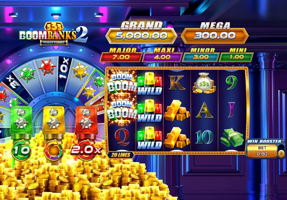 The main 5x3 game grid of the 333 Boom Banks 2 slot, showing the vault background and various money-themed symbols.