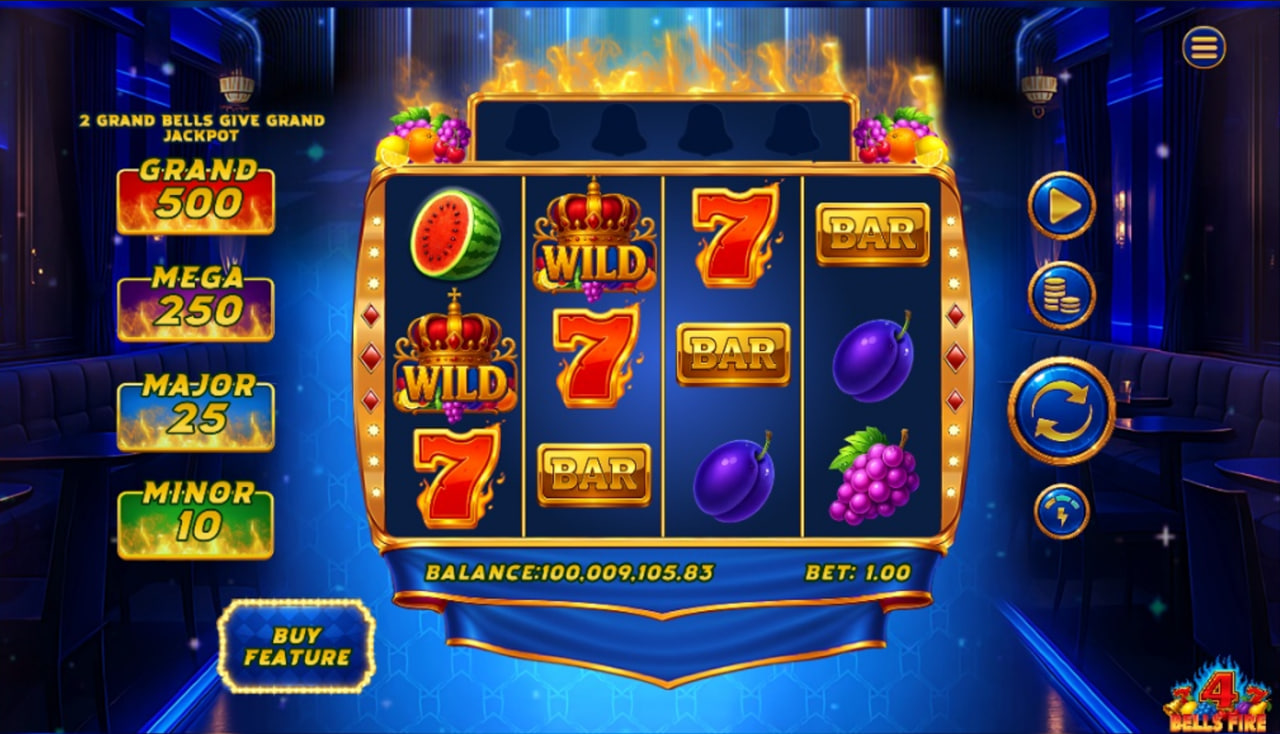 The 5x4 reel layout of the 4 Bells Fire slot in base game mode, showing classic fruit and BAR symbols.