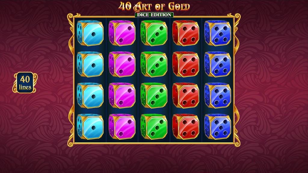 The 5x4 grid of the 40 Art of Gold Dice Edition slot, displaying a variety of colored dice symbols during regular gameplay.