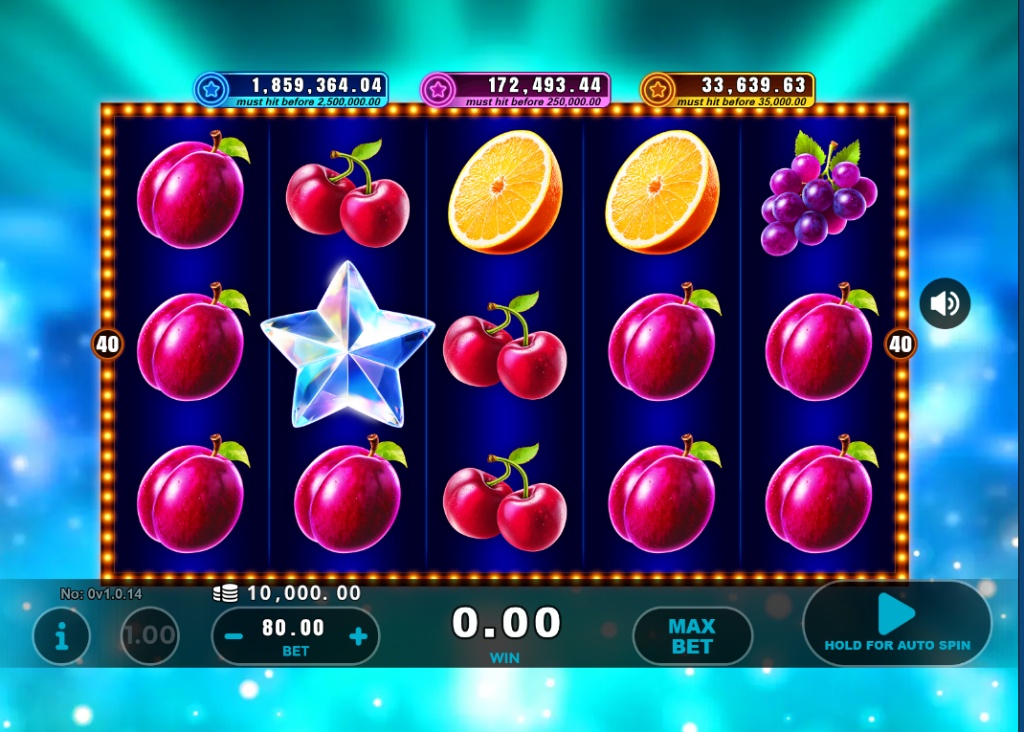 The 5x4 reel layout of the 40 Clover Burst slot, showing classic fruit symbols and the game's three progressive jackpots at the top.