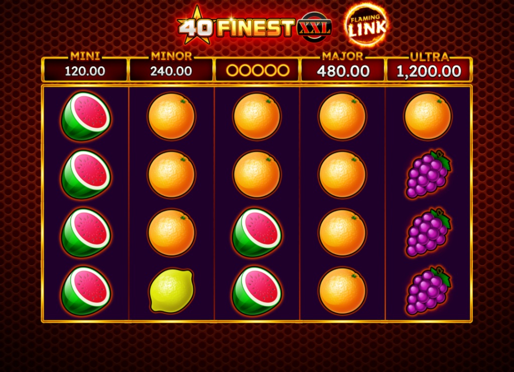 The 5x4 reel layout of the 40 Finest XXL Flaming Link slot, showing fruit symbols and the four jackpots above.