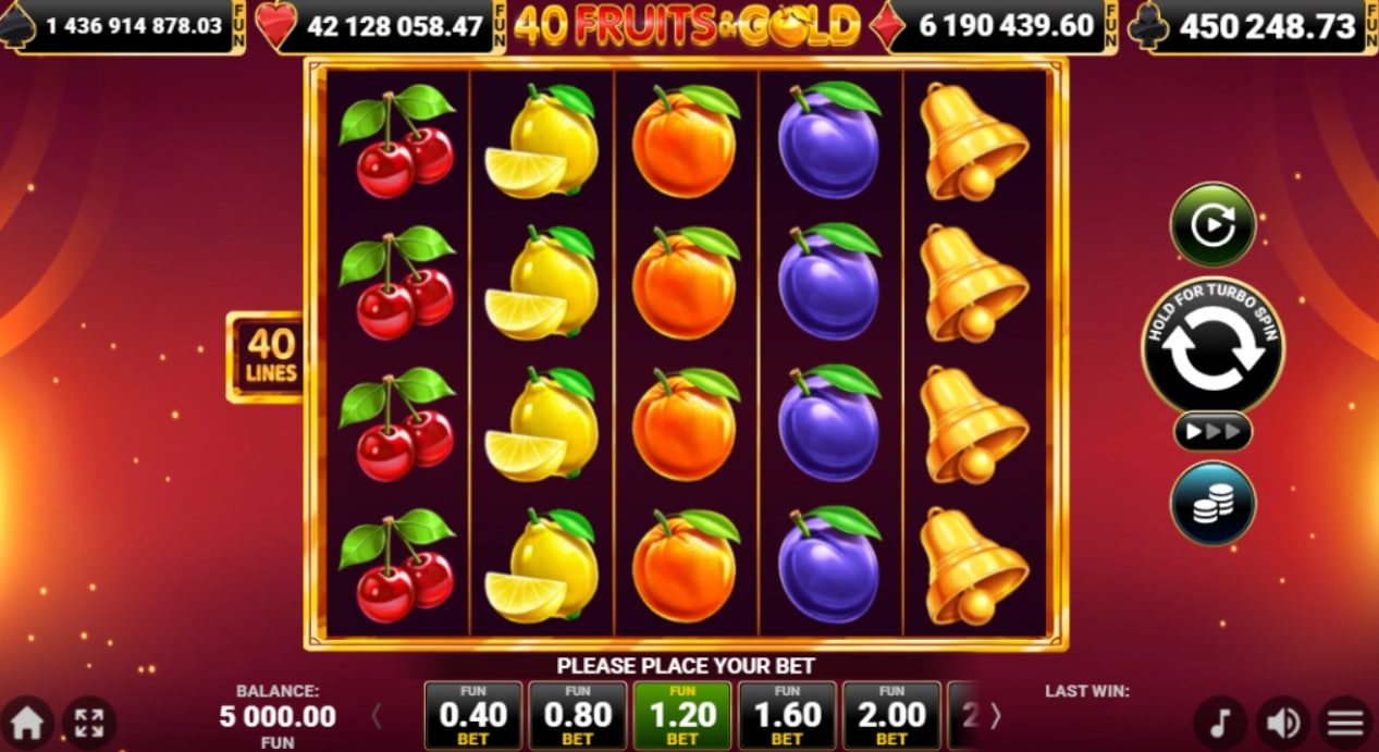 The 5x4 reel layout of the 40 Fruits & Gold slot demo, showing various fruit symbols and the 40 paylines indicator.