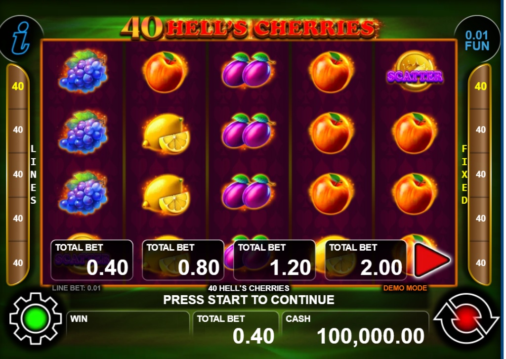The main 5x4 game grid of the 40 Hell's Cherries online slot, showing the fruit symbols.