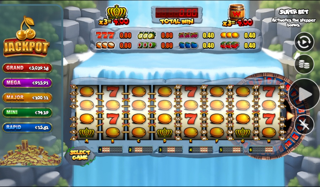 The 6 Stepper Wild Falls demo base game shown with only one 3-reel game active and five reels greyed out.