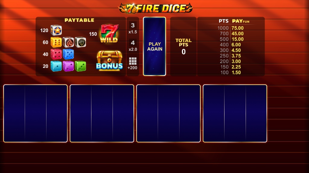 The main game screen of the 7 Fire Dice slot demo, displaying the four 3x3 grids and the points paytable.