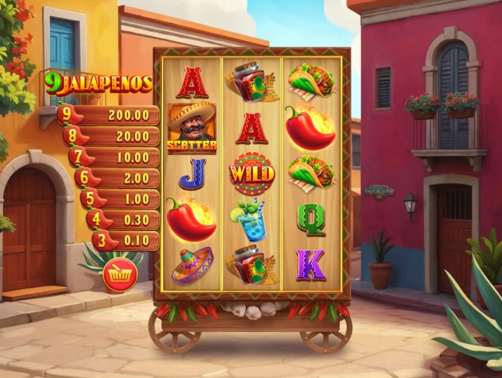 The main game screen of the 9 Jalapenos slot, showcasing the 5x3 reel layout and the Jalapeno Prize Ladder feature.