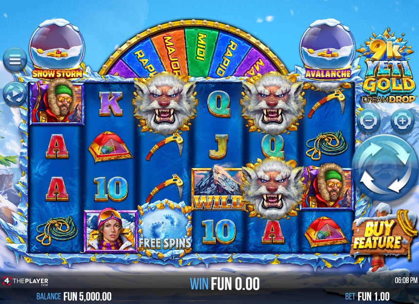 he 6x4 reel layout of the 9k Yeti Gold Dream Drop slot, showing the 4096 ways to win game grid set against a snowy mountain backdrop.