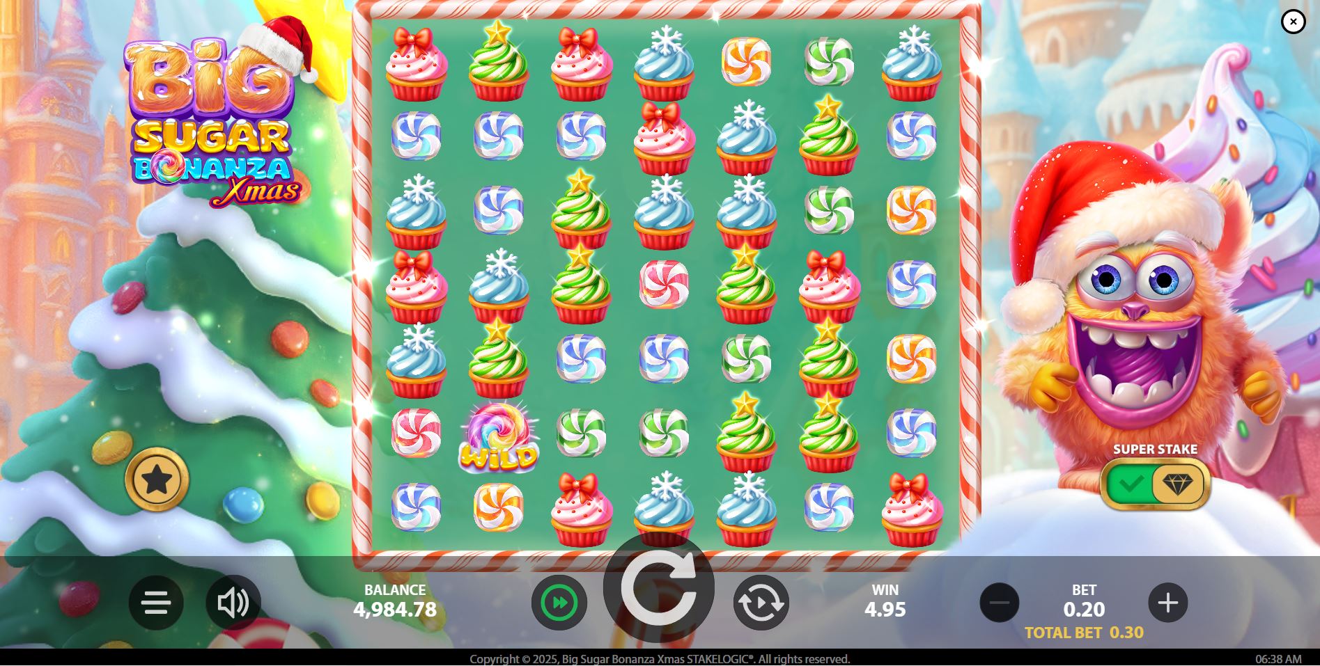 The 7x7 grid of the Big Sugar Bonanza Xmas slot, showing the high-paying cupcake symbols and low-paying candies, with the character Gumdrop Giggles on the right.