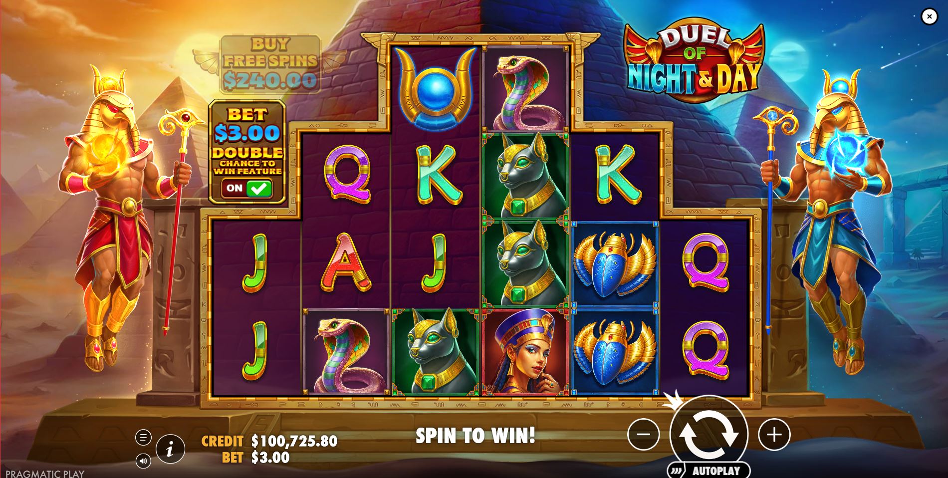 The main game screen of Duel of Night & Day, showcasing the 2-3-4-4-3-2 reel layout with Egyptian god symbols and the dual multiplier meters.
