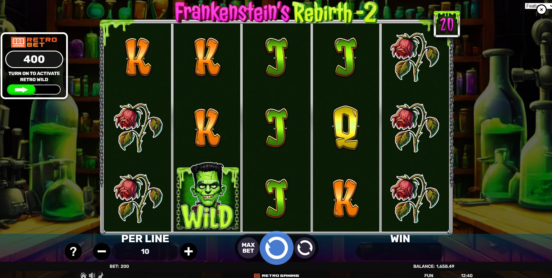 The main game grid of the Frankenstein's Rebirth 2 slot, showing the monster-themed symbols and the disabled Retro Bet feature.