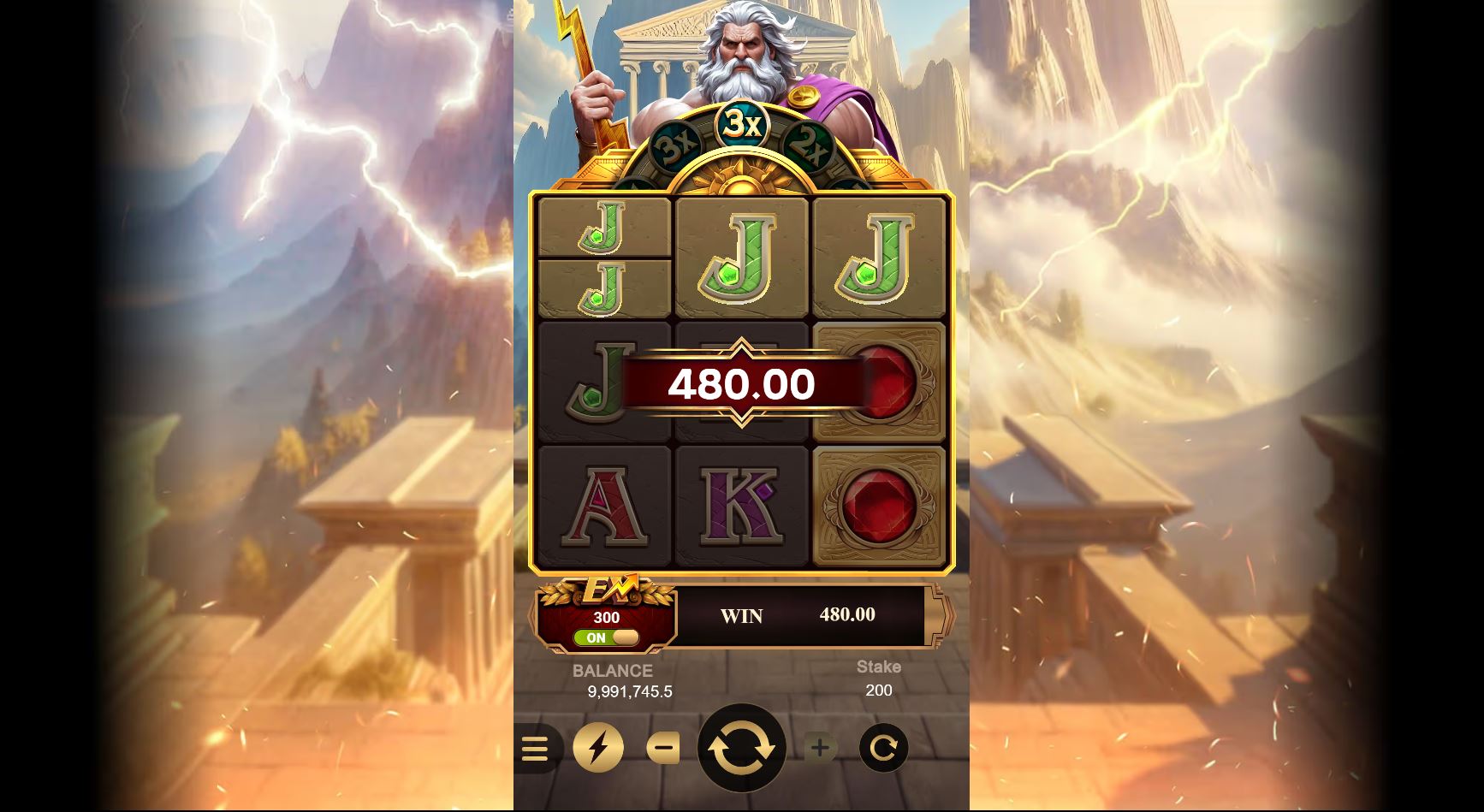 The main game screen of the Gems of Zeus slot, showing the 3x3 grid, the multiplier wheel, and the Zeus character.
