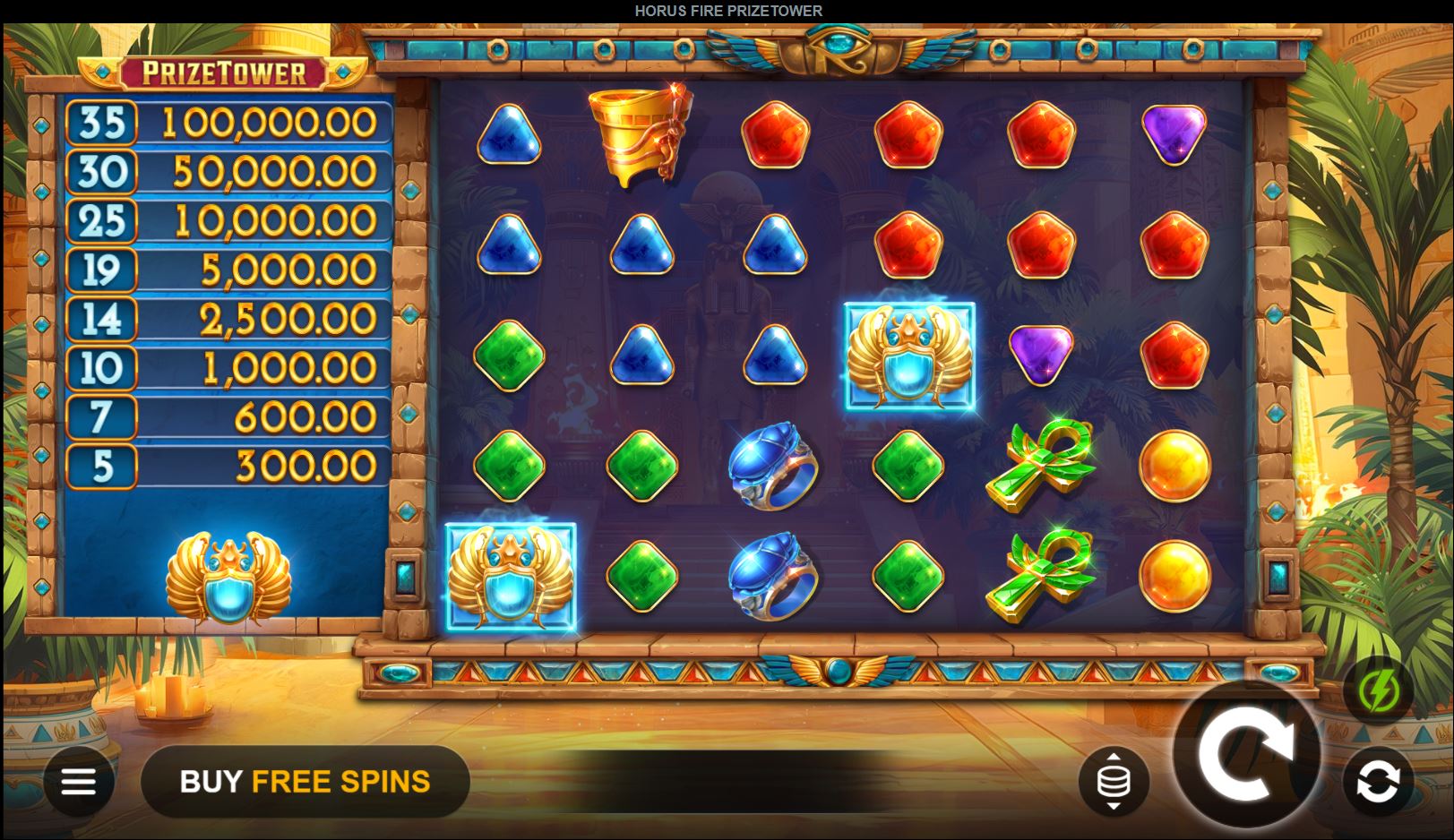 The main game screen of the Horus Fire PrizeTower slot, showing the 6x5 reel layout and the PrizeTower collection meter on the left.