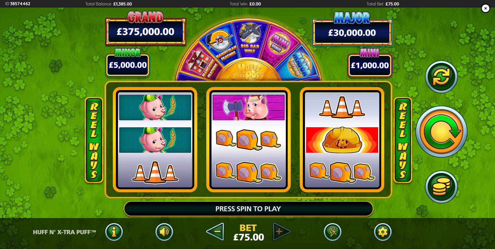 The 3x3 reel layout of the Huff N' Xtra Puff slot, showing the pig symbols and jackpot values above the grid.