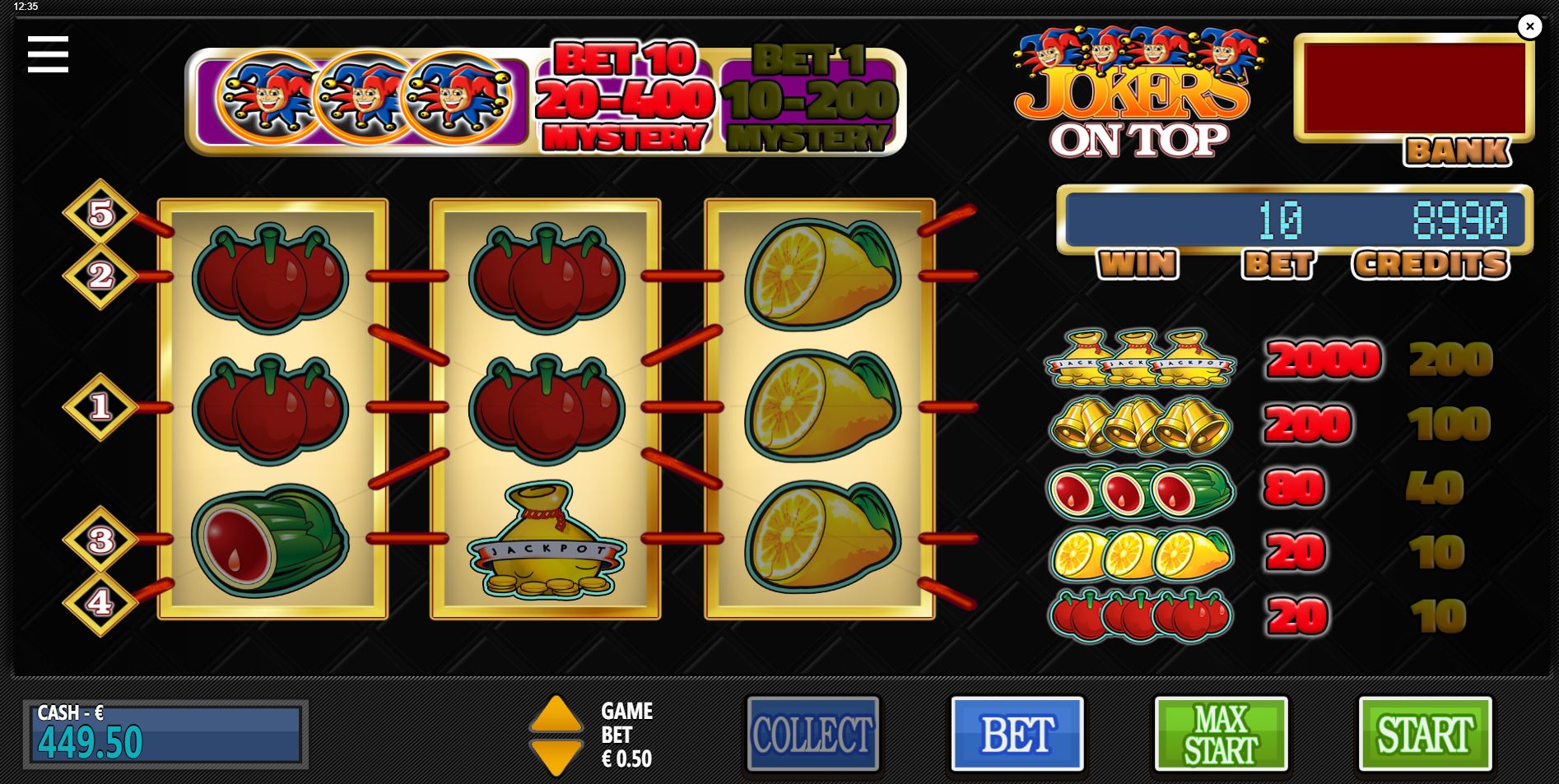 The main 3x3 game screen of the Jokers on Top slot demo, showing the classic fruit symbols and 5 paylines.