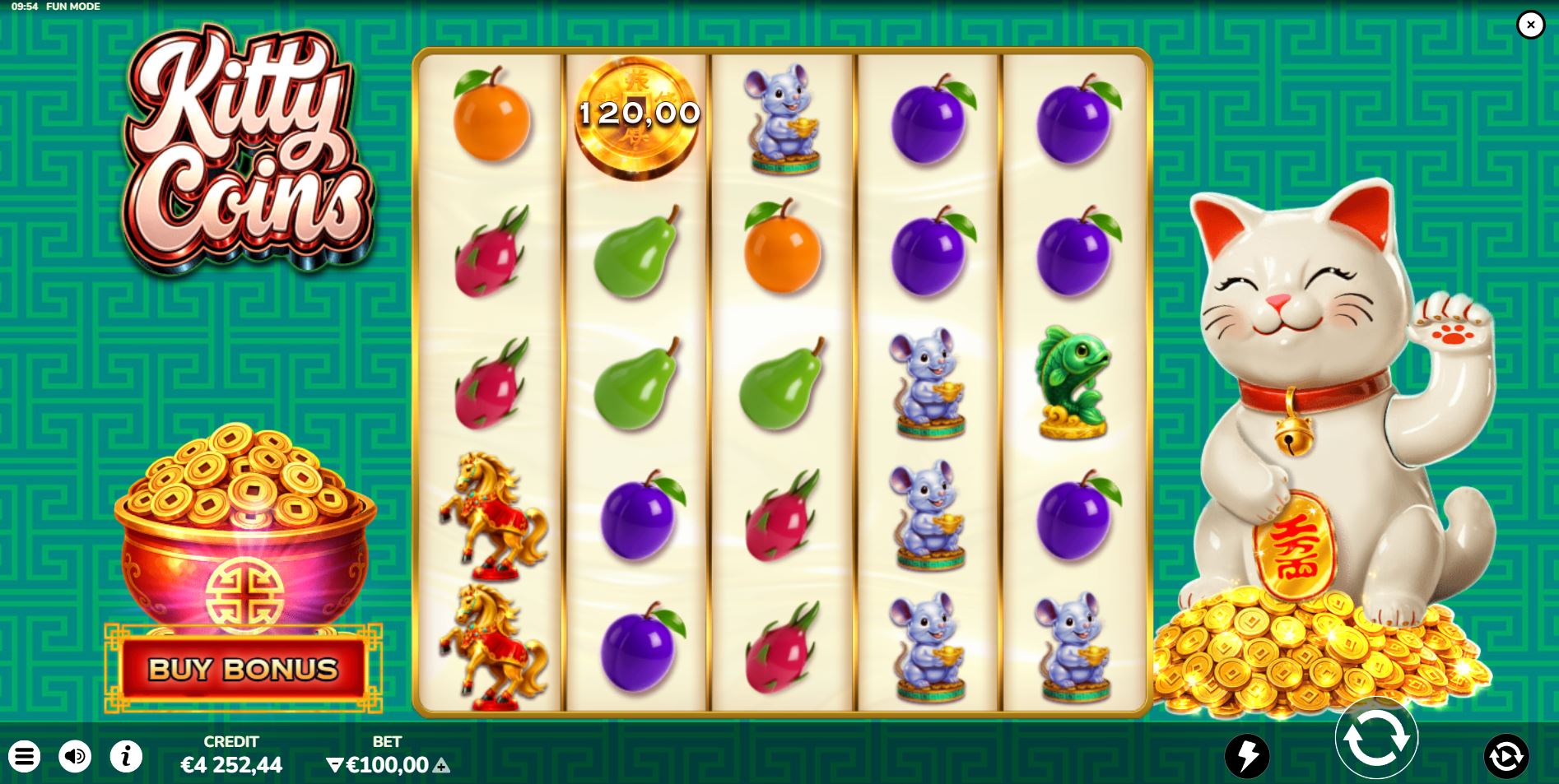 The 5x5 game grid of the Kitty Coins slot, showcasing its colorful Asian-themed symbols and the Maneki-neko.