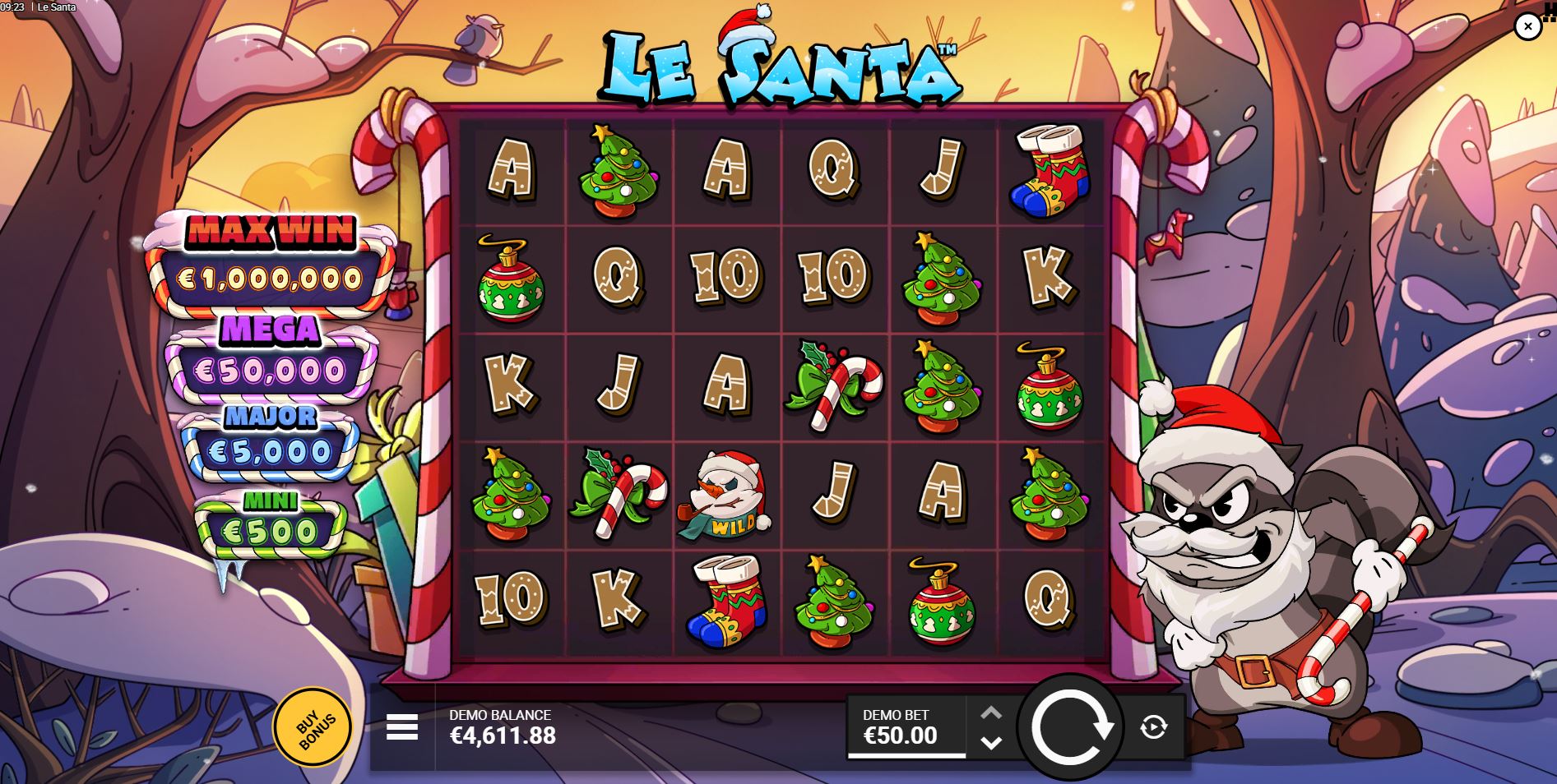 The 6x5 game grid of the Le Santa online slot, with the mischievous character Smokey the raccoon standing by.