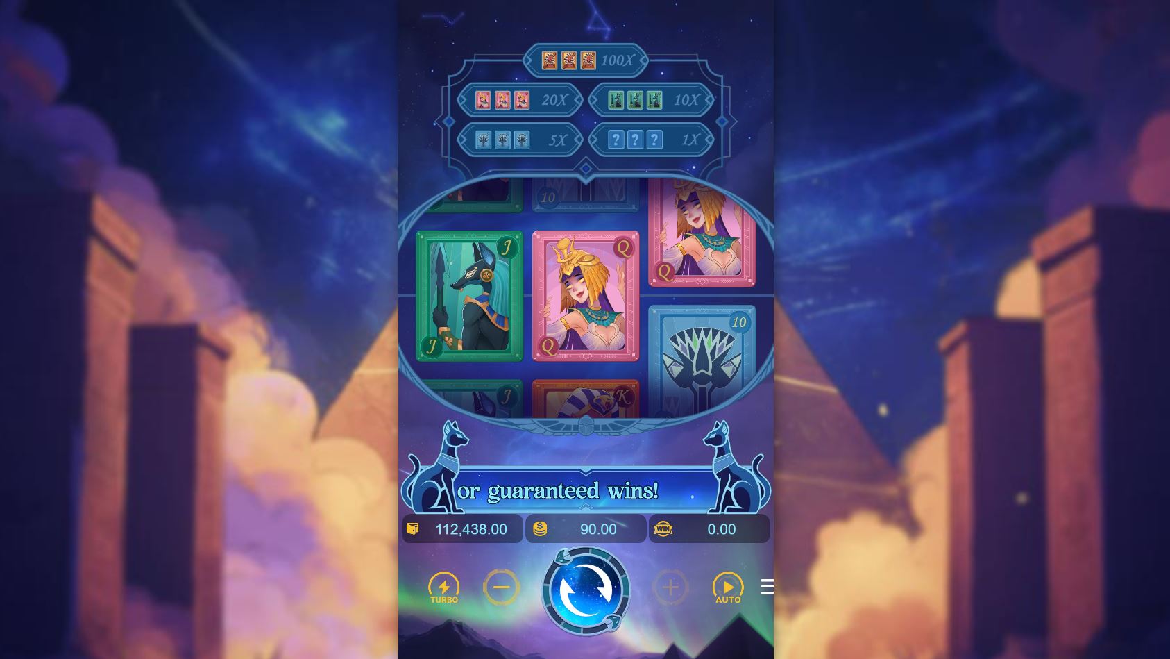 The base game screen of the Pharaoh Royals slot, showcasing the classic 3x1 reel layout against a mystical Egyptian night sky.