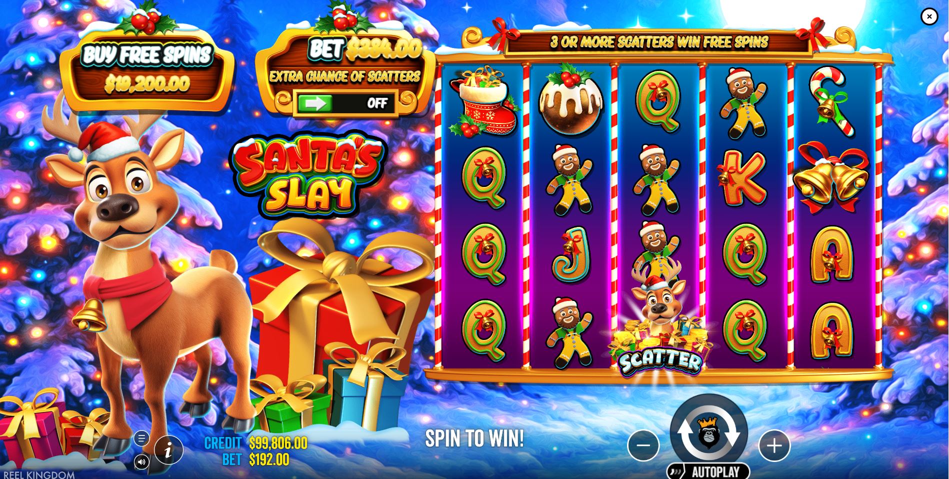 The main 5x4 game grid of the Santa's Slay slot, showing the festive Christmas theme and cartoonish symbols.