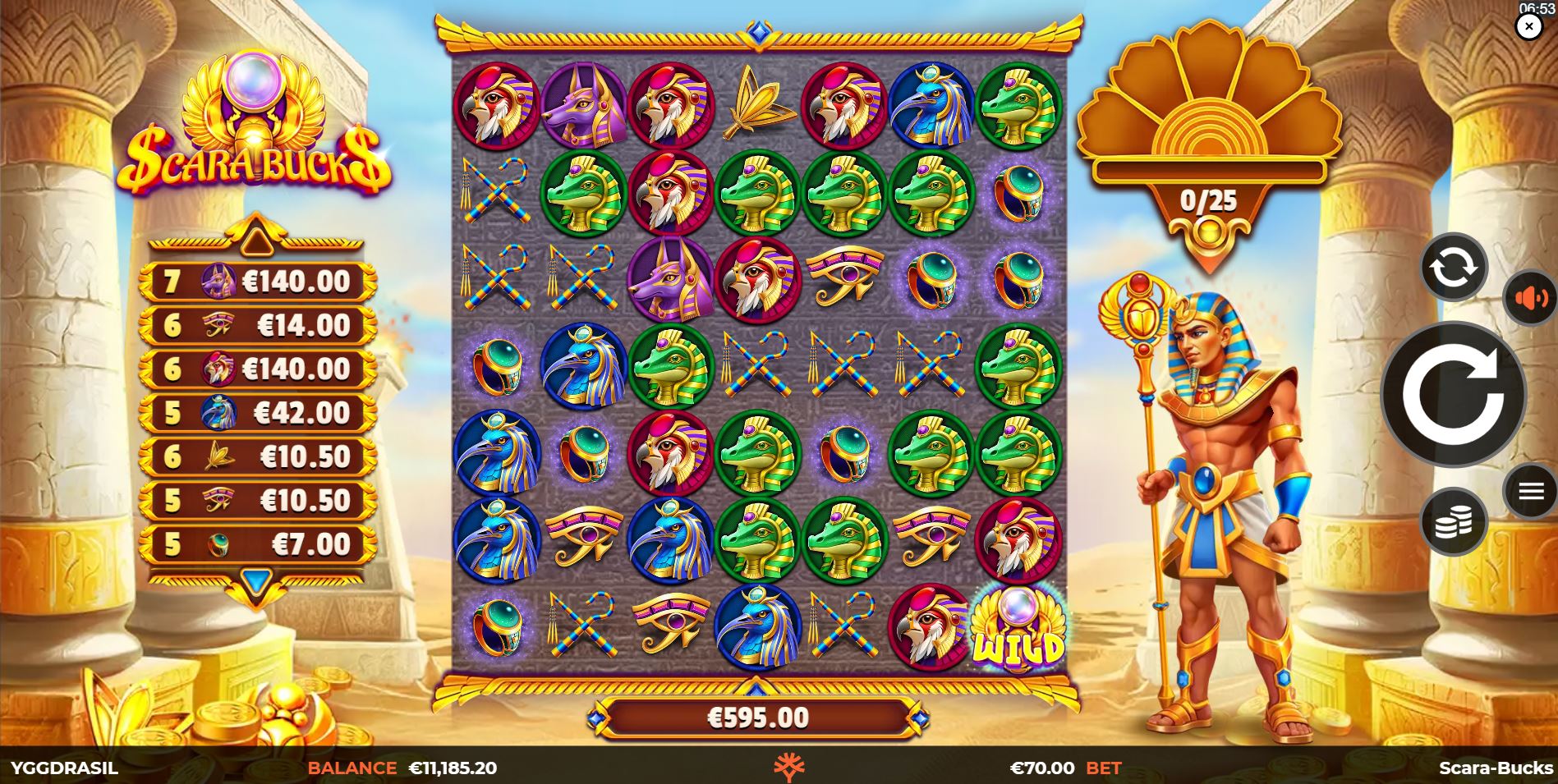 The 7x7 game grid of Scara Bucks slot, showcasing the Egyptian god symbols and the Golden Lotus meter on the right.