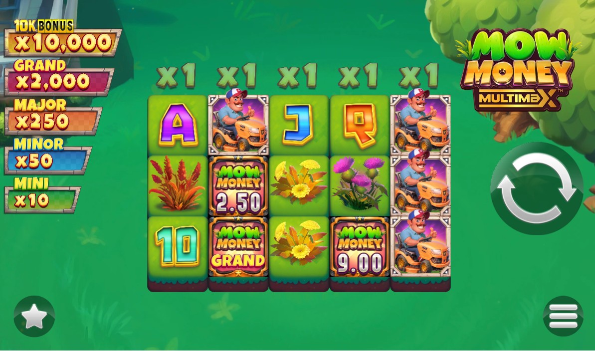 The 5x3 game grid of Mow Money MultiMax slot, showcasing the cartoonish suburban lawn theme and reel multipliers.