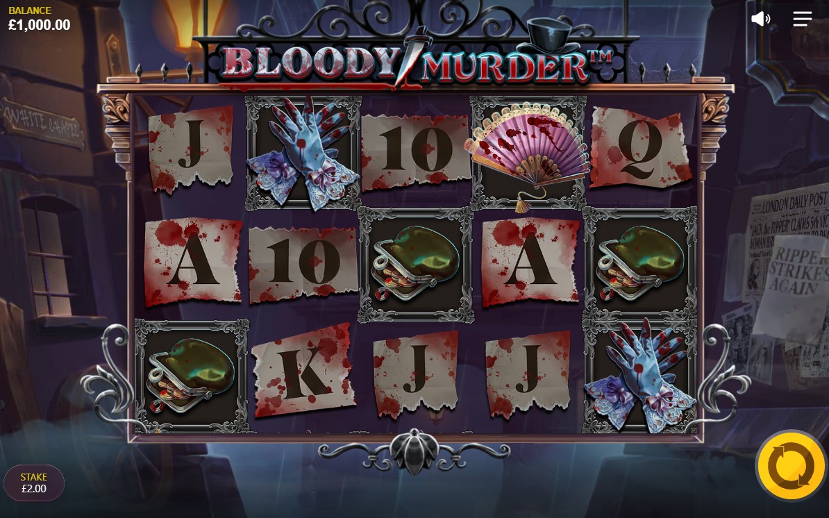 The main game screen of the Bloody Murder slot, showing the 5x4 reel layout set in Victorian London.