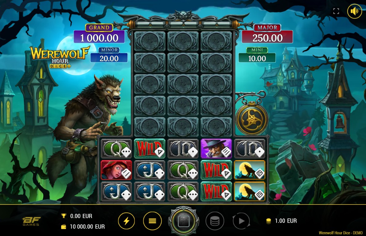 The main game screen of the Werewolf Hour Dice slot, showing the 5x3 reel layout and the werewolf character.
