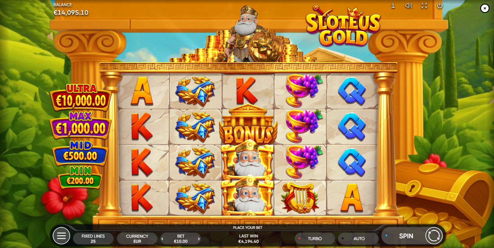 The main 5x4 game grid of the Sloteus Gold slot, showcasing the Greco-Roman theme and high-paying symbols.
