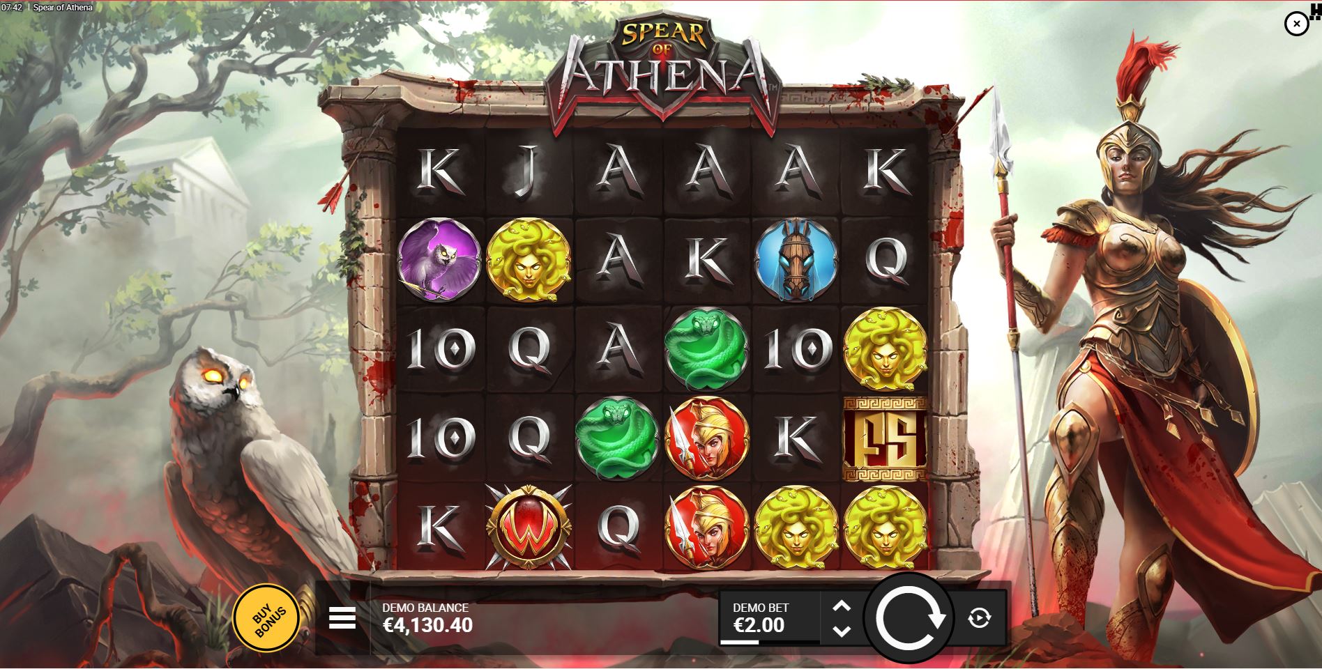 The main 6x5 game grid of the Spear of Athena slot, set against a backdrop of ancient Greek ruins with Athena herself standing guard.