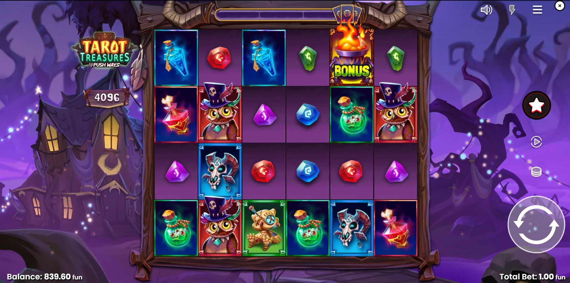 The main 6x4 game grid of the Tarot Treasures slot, showing the spooky village background and key character symbols.
