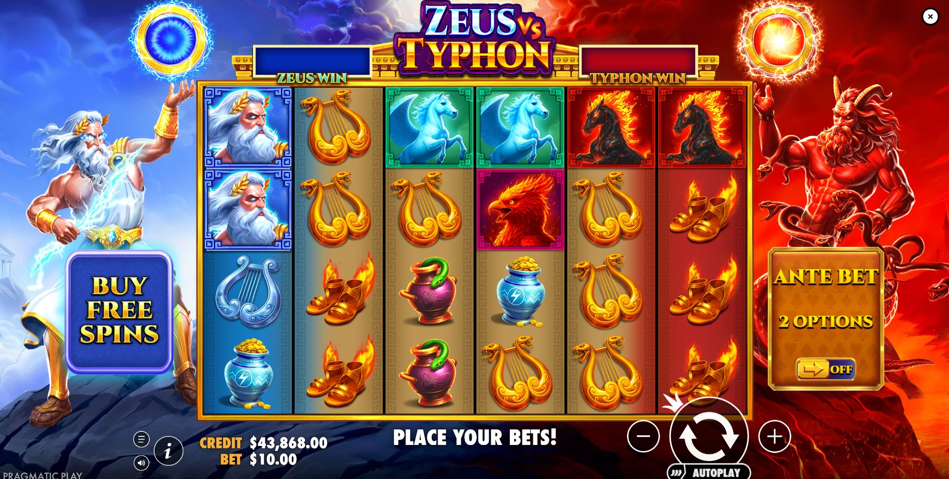 The main 6x4 game grid of the Zeus vs Typhon slot, showcasing the epic mythological battle theme with Zeus on one side and Typhon on the other.