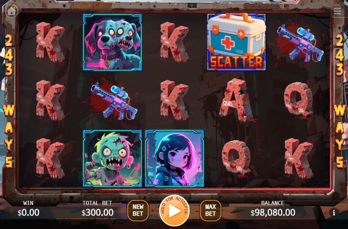 A view of the main 5x3 game grid in the Zombie Siege slot, displaying anime-style characters and zombie symbols.