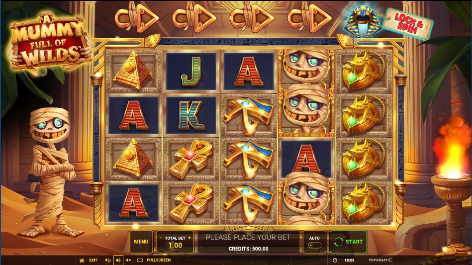 The 5x5 game grid of A Mummy Full of Wilds slot, showing the cartoon mummy character and the feature trail.