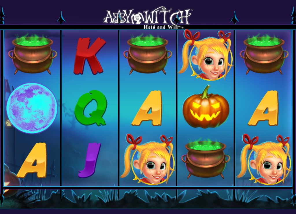 The 5x3 reel layout of the Abby and the Witch slot, showing the main game symbols and cartoon-style graphics.