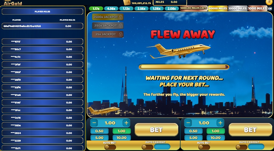 The betting interface of the AirGold crash game, showing the dual bet panels and the player list before takeoff.